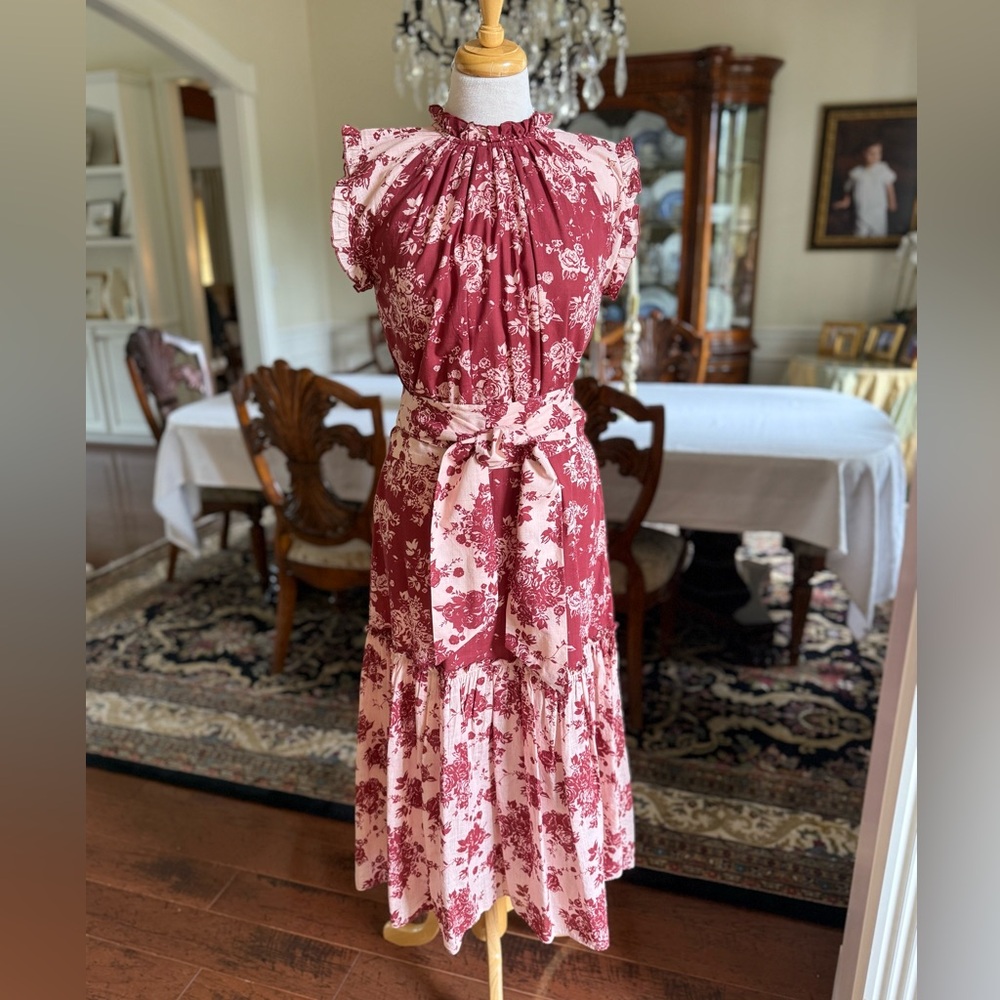 Anna Cate Emmaline Pink and Burgandy Flutter Sleeve Midi Dress